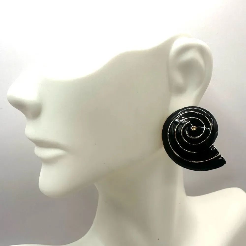 black and gold tone snail enamel earrings